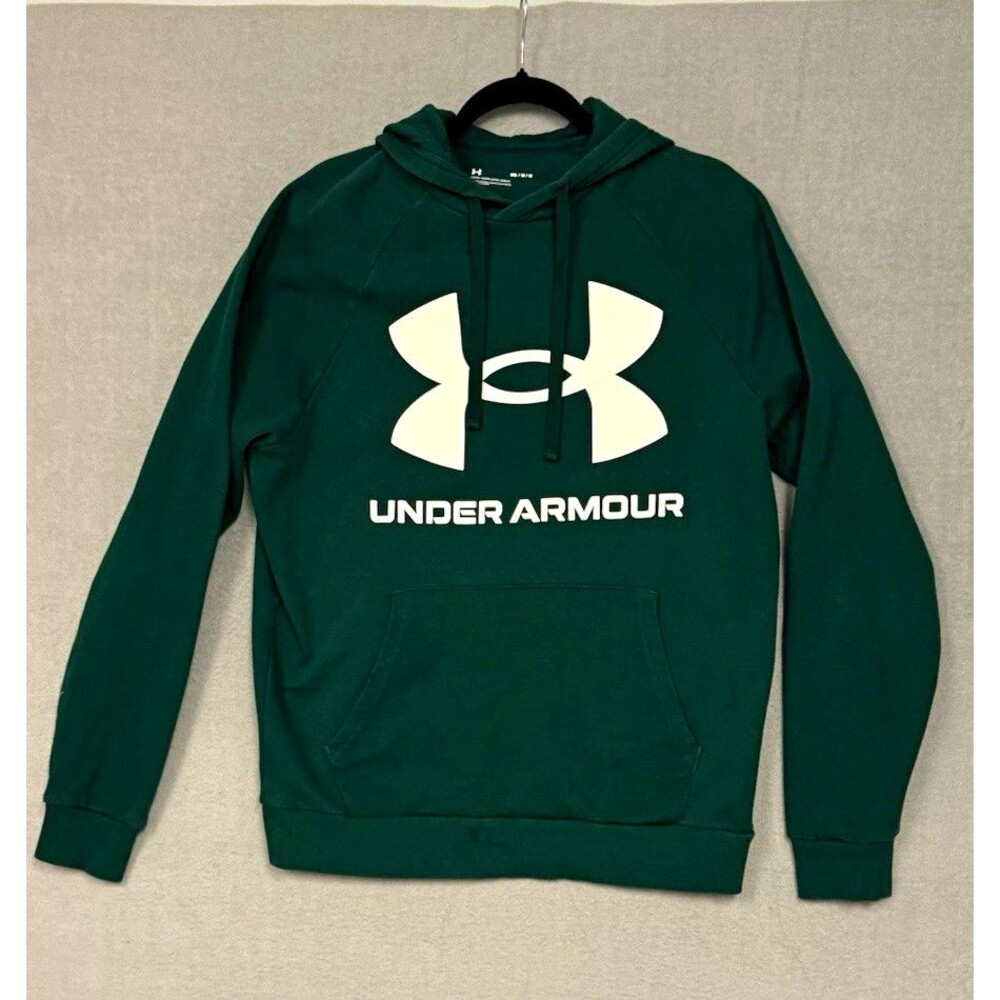 Under Armour Mens M Green Pullover Hoodie Graphic Print Logo Pockets Drawstring
